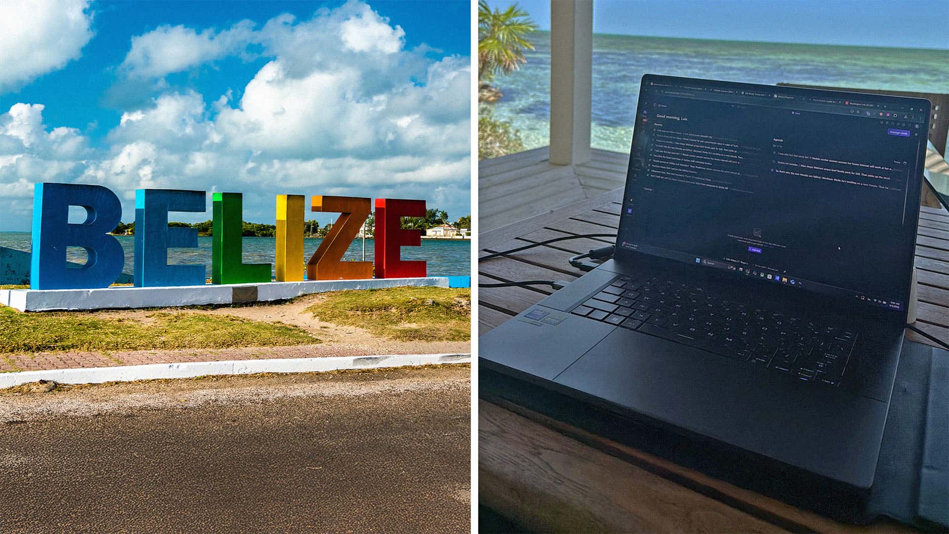 Belize sign (l) laptop (r)