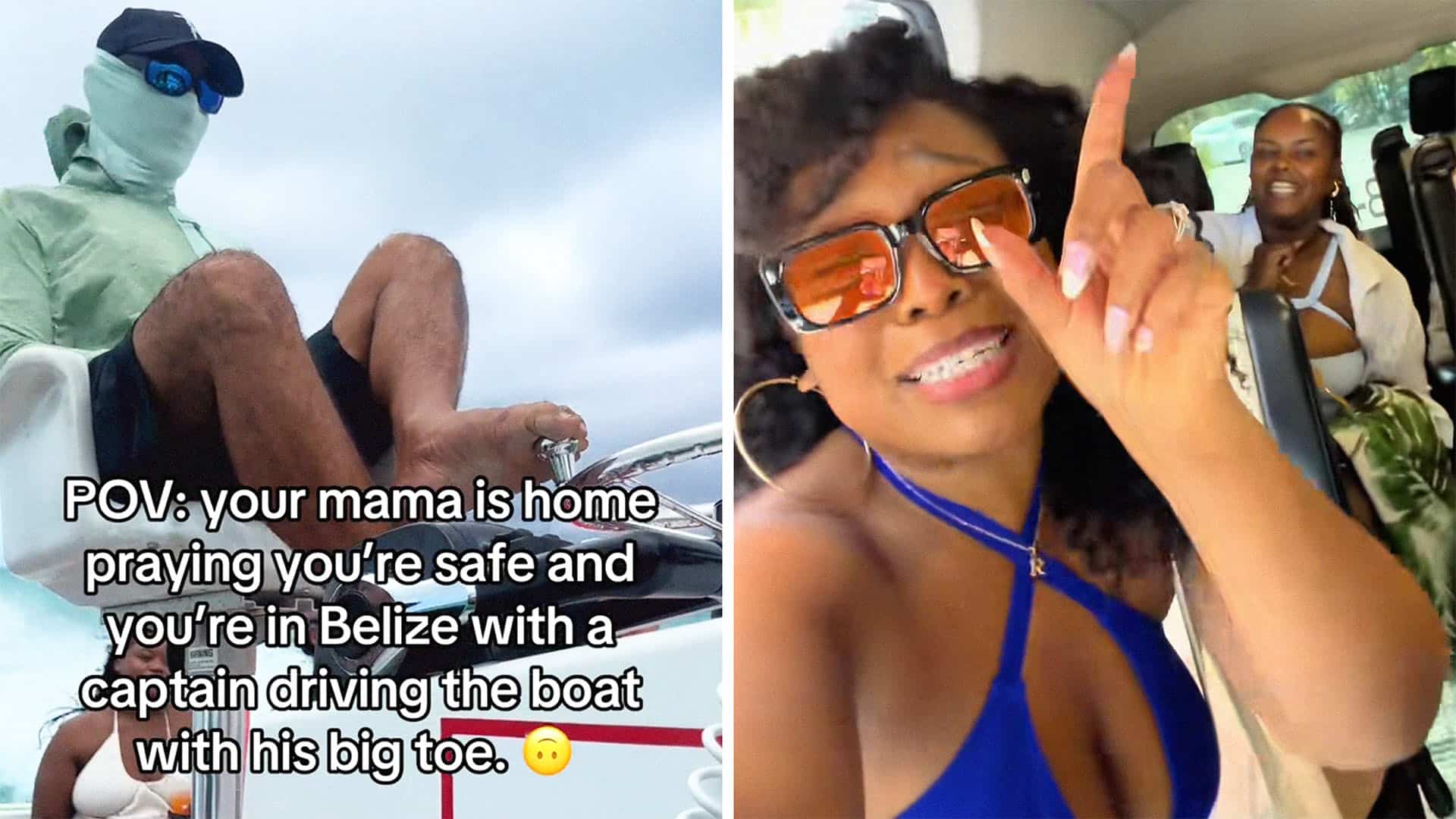 man driving boat in belize (l) woman on vacation (r)