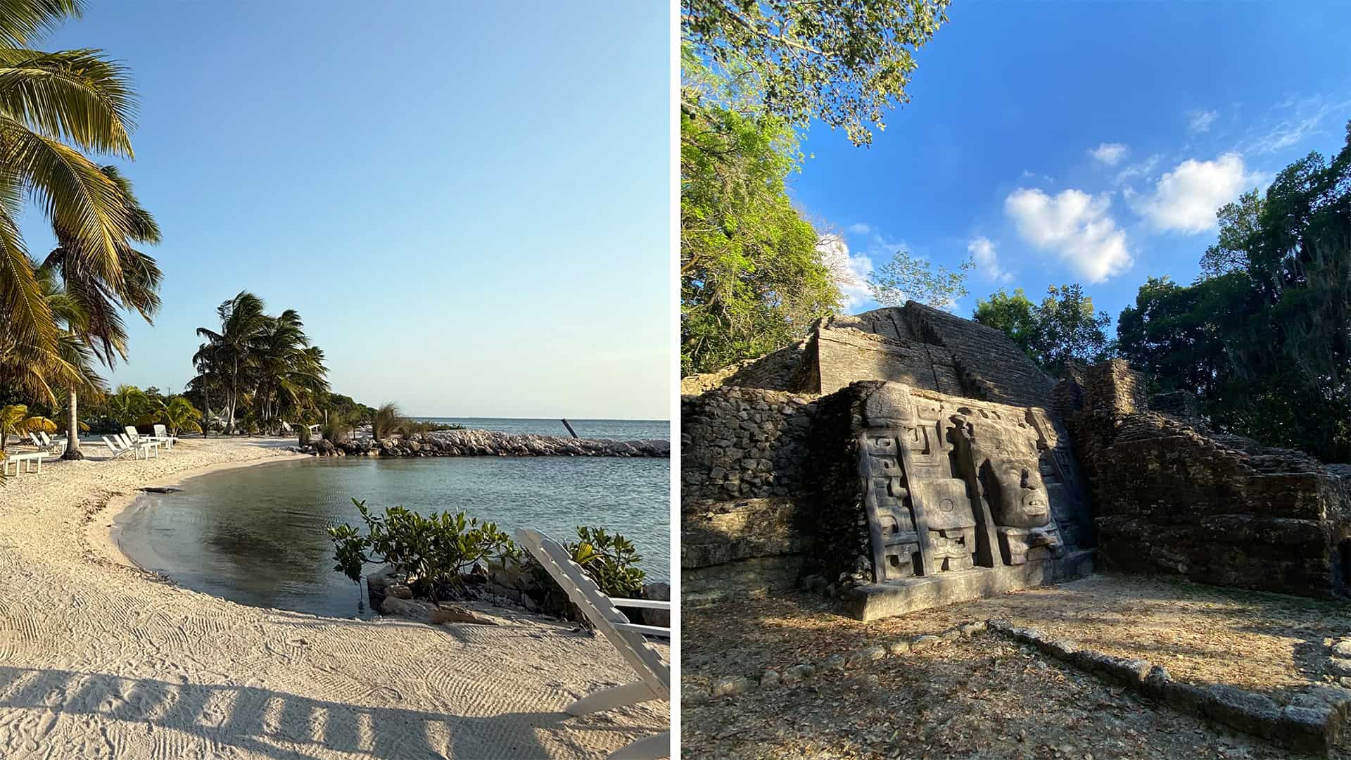 beach in belize (l) Lamanai maya ruins (r)