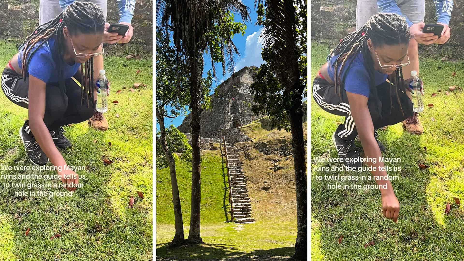 woman at xunantunich (l) xunantunich belize (c) woman poking tarantula (r)