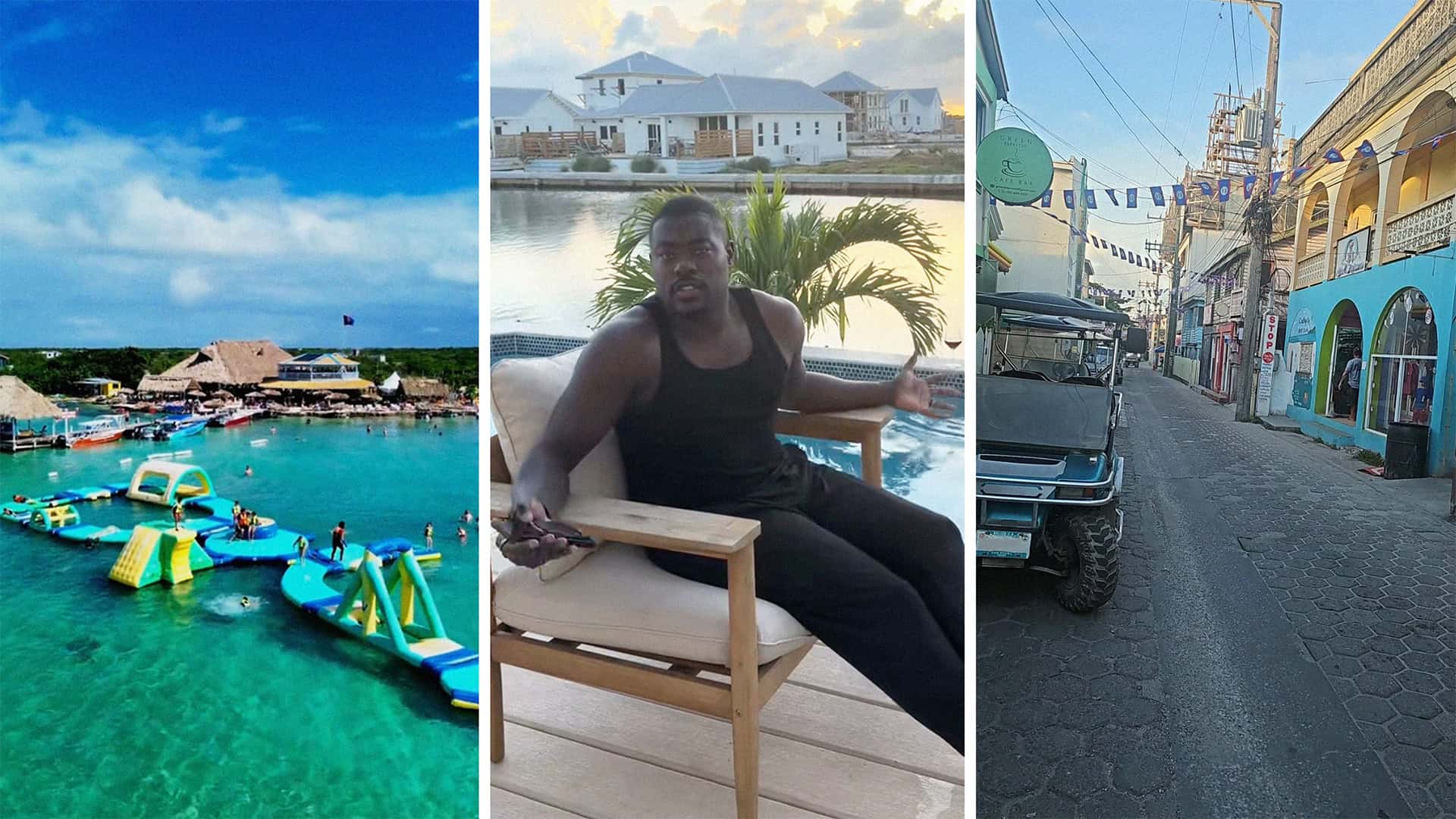secret beach (l) man talking about being robbed (c) golf cart (r)