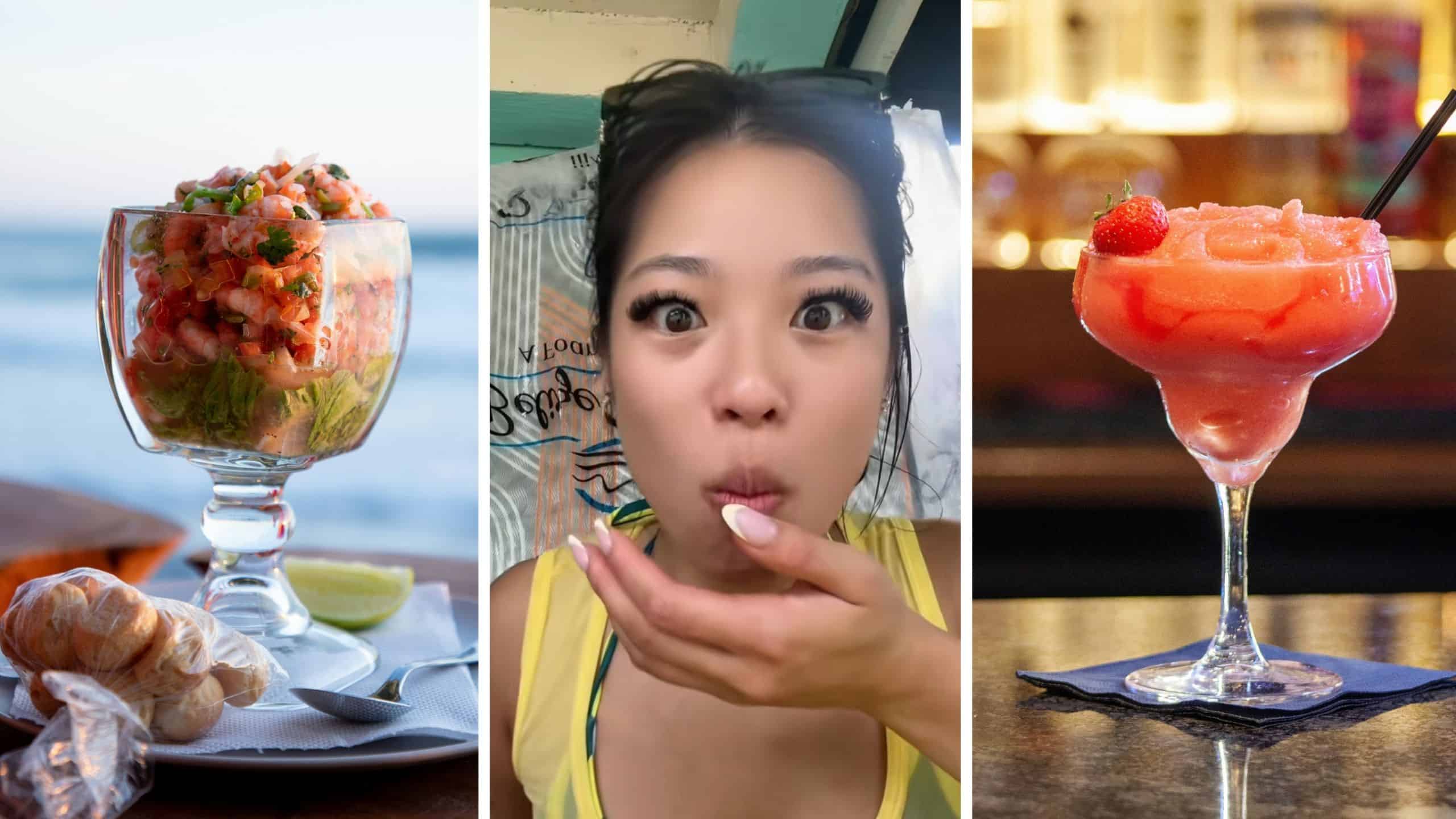 (l) ceviche (c) tourist in belize (r) strawberry colada