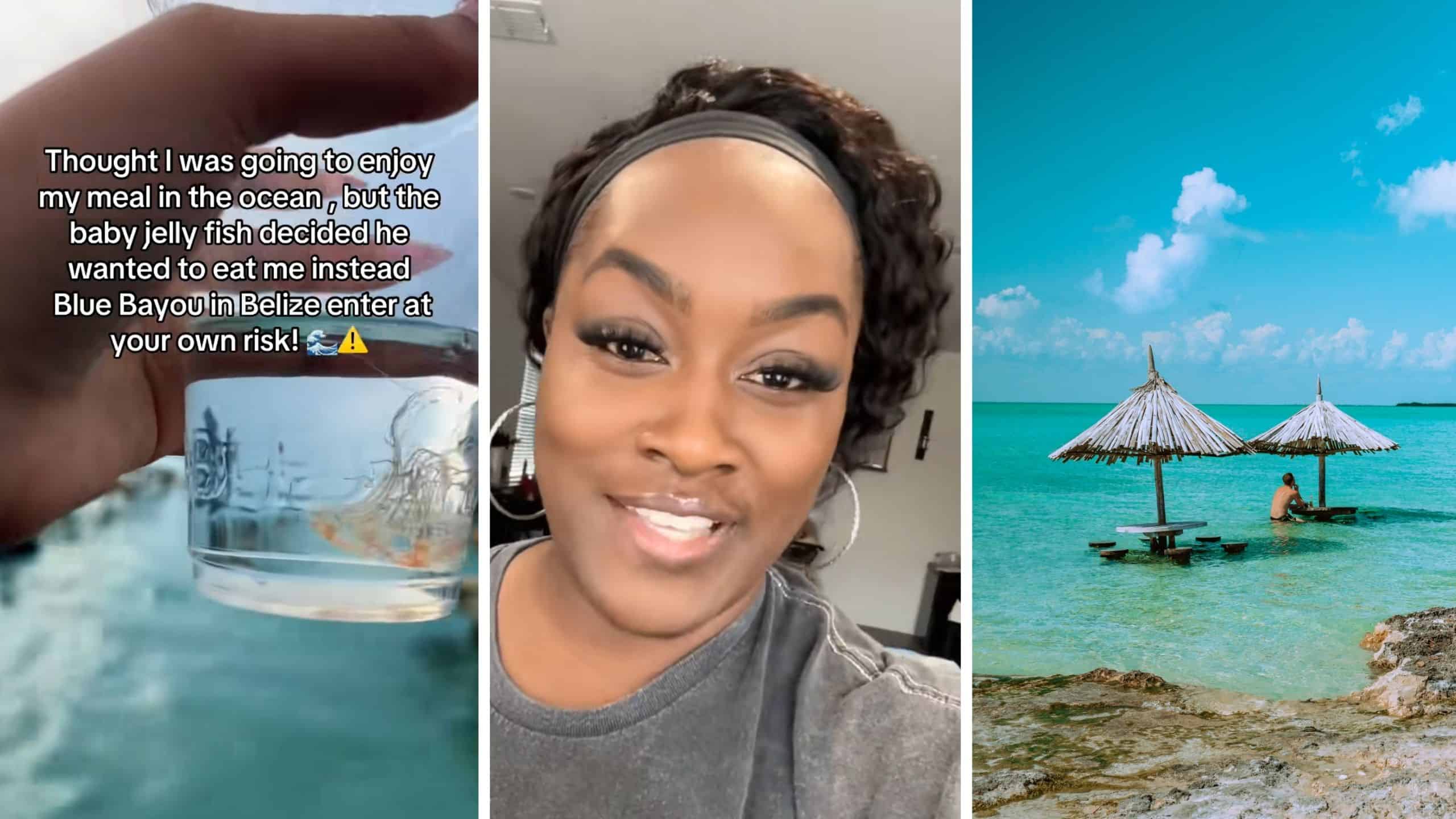 (l) jellyfish in belize (c) tourist in belize (r) belize beach